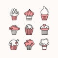 Vector set of cupcakes. Muffins, cakes. Hand-drawn. Doodle style. 9 pieces of desserts.