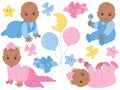 Vector Set of Cute African American Baby Boy and Baby Girl. Vector Baby Shower Royalty Free Stock Photo