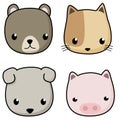 Vector set of cute animal cartoon character. bear , cat , dog and pig cartoon face isolated on white background. Royalty Free Stock Photo