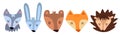 Vector set of cute animals and forest inhabitants. The face of the hedgehog, forests, wolf, hare and bear. Cute colorful animals