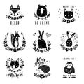 Vector set of cute animals: fox, bear, rabbit, squirrel, wolf, hedgehog, owl, cat. Illustrations for children`s prints