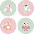 Vector set of cute animals - fox, owl, nestling and cat. Cartoon style.