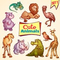 Vector set of cute animals. Lion, rhino, giraffe