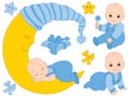 Vector Set with Cute Baby Boys, the Moon and Diapers