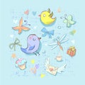 Collection Set of Cute Birthday Party Themed Birds and different elements hand drawn directly in vector