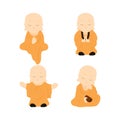 Monk set. vector set of cute Buddhist monks wearing simple yellow robe. Monk prays, meditates, thinks.