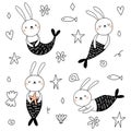 Vector set with cute bunnies mermaids Royalty Free Stock Photo