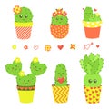 Vector set with cute cactus and flowers. Love.