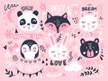 Vector set with cute cartoon animals - bear, panda, bunny, penguin, cat, fox.