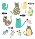 Vector set of cute cartoon cats and mice.