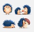 Vector set of cute cartoon hedgehogs, apple and mushroom. Vector hedgehog. Hedgehogs vector illustration. Cartoon Royalty Free Stock Photo