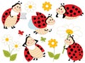 Vector Set of Cute Cartoon Ladybugs and Flowers Royalty Free Stock Photo