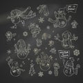 Vector set of cute chalk snowmen on blackboard background.