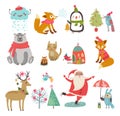 Vector set of cute characters. New year Christmas Winter Set