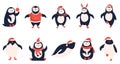 Vector set of cute Christmas penguins in Santa hats, clothing