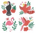 Vector set with cute compositions with exotic birds, leaves, flowers. Funny tropical animals and plants illustration for card Royalty Free Stock Photo