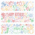 Vector set of cute creative illustration templates with birthday theme design. Hand Drawn for holiday, party invitations Royalty Free Stock Photo