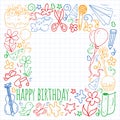 Vector set of cute creative illustration templates with birthday theme design. Hand Drawn for holiday, party invitations Royalty Free Stock Photo