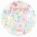 Vector set of cute creative illustration templates with birthday theme design. Hand Drawn for holiday, party invitations Royalty Free Stock Photo