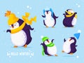 Vector set of cute dancing penguins. Different winter hats and various poses. Blue blackground with snowflakes and stars