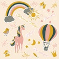 vector set of a cute design elements, unicorn, rainbow, hot air balloon. children's poster with fairytale animals Royalty Free Stock Photo