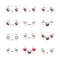 Vector set of cute doodle emoticons with facial expressions. Faces with emotions in anime style. Kawaii emoji icons