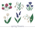 Vector set of cute flat spring flowers. First blooming plants illustration. Floral clip art collection isolated on white Royalty Free Stock Photo