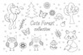 Vector set of cute forest elements sketch outline doodle style. Coloring book page for kids. Woodland animals fox, wolf, owls, Royalty Free Stock Photo