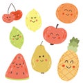 Vector set of cute fruits. Funny kawaii fruit characters isolated on white. Smily cartoon doodle fruits Royalty Free Stock Photo