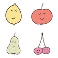 Vector set of cute fruits. Funny kawaii fruit characters isolated on white. Smily cartoon doodle fruits Royalty Free Stock Photo