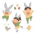 Vector set of cute funny bunny and happy children with ears, colored eggs, chirping bird and chick. Spring funny illustration. Royalty Free Stock Photo