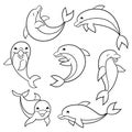 Set of funny dolphins, coloring page