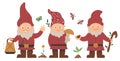 Vector set of cute garden gnomes. Funny dwarves with lantern, bird, mushroom isolated on white background. Traditional gardening