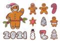 Vector set of cute gingerbread cookies for Christmas and New year. Gingerbread man in a protective mask. Isolated on a white Royalty Free Stock Photo