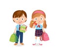 Vector set of cute girl and boy standing with books and backpacks in school uniform.