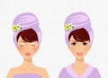 Cute girl with towel on head before and after spa treatment Royalty Free Stock Photo