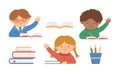 Vector set of cute happy schoolchildren with hand up and books. Elementary school classroom illustration. Clever kids at the