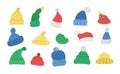 Vector set of cute hats. Funny collection of warm head clothes.