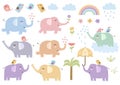 Vector set of cute isolated elephants