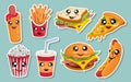 Vector Set Of Cute kawaii fast food. Kawaii faces. Cartoon fast food. Kawaii eyes. Cute Junk food Fast food Cartoon Set