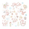 Vector set of cute linear snowmen. Royalty Free Stock Photo