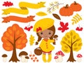 Vector Set with Cute Little African American Girl and Autumn Elements Royalty Free Stock Photo