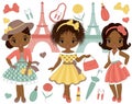 Vector Set with Cute Little African American Girls in Retro Style and Eiffel Tower Royalty Free Stock Photo