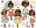 Vector Set with Cute Little African American Girls in Retro Style Royalty Free Stock Photo