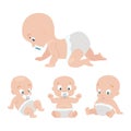 Crawling, sitting and smiling newborn boy or girl with a dummy.