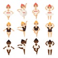 Vector set with cute little ballerinas in various dance steps. Caucasian and afro girls in ballet tutu and swimwear Royalty Free Stock Photo