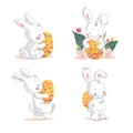 Vector set of cute little Easter bunny with easter eggs isolated on white background.