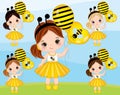 Vector cute little girls with different hair colors holding air balloons. Vector little girl dressed in bee style Royalty Free Stock Photo