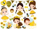 Vector Set with Cute Little Girls, Bees, Honey, Balloons and Flowers Royalty Free Stock Photo