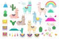 Vector set of cute llamas, alpacas and cactus collection elements